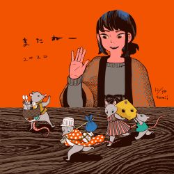 Rule 34 | 1girl, black hair, brown eyes, cheese, dated, food, grey sweater, hand up, highres, long sleeves, medium hair, mouse (animal), open mouth, original, ponytail, procreate (medium), red background, signature, smile, sweater, swiss cheese, tomidoron