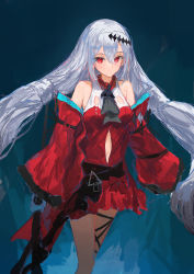 Rule 34 | 1girl, absurdres, arknights, ascot, bare shoulders, black ascot, blue background, breasts, closed mouth, clothing cutout, commentary request, detached sleeves, dress, feet out of frame, grey hair, hair between eyes, highres, ichika (ichika87), long hair, long sleeves, looking at viewer, medium breasts, navel, navel cutout, red dress, red eyes, skadi (arknights), skadi the corrupting heart (arknights), solo, standing, thigh strap, twintails, very long hair, wide sleeves
