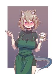 Rule 34 | 1girl, 2021, absurdres, animal ear fluff, animal ears, apron, arknights, artist name, blush, border, breasts, cleavage, collarbone, commentary, cowboy shot, cup, female focus, gradient background, green apron, green shirt, hair ornament, hairclip, hands up, heart, heart-shaped pupils, highres, holding, holding cup, holding marker, iced latte with breast milk (meme), large breasts, looking at viewer, lyneriee, marker, marker (medium), meme, outside border, purple eyes, shirt, short sleeves, simple background, solo, starbucks, straight-on, symbol-shaped pupils, tail, traditional media, utage (arknights), wavy mouth, white border, x hair ornament
