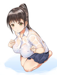 Rule 34 | 1girl, barefoot, black hair, blue skirt, bra visible through clothes, breasts, green eyes, highres, kuuro kuro, large breasts, original, pleated skirt, ponytail, see-through, shirt, sidelocks, simple background, skirt, solo, wet, wet clothes, white background, white shirt