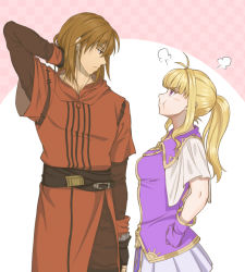 Rule 34 | 1boy, 1girl, arm behind head, belt, blonde hair, brown eyes, brown hair, capelet, clarine, coat, delsaber, dress, fire emblem, fire emblem: the binding blade, gloves, hands on own hips, looking at another, nintendo, ponytail, pout, purple dress, purple eyes, purple gloves, red coat, rutger (fire emblem), tsundere