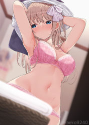 Rule 34 | 1girl, armpits, arms up, basket, blue eyes, blurry, blurry background, blurry foreground, blush, bra, breasts, brown hair, cleavage, closed mouth, depth of field, indoors, lace, lace-trimmed bra, lace-trimmed panties, lace trim, large breasts, long hair, looking away, looking to the side, navel, nekokobushi, nose blush, panties, pink bra, pink panties, plaid, plaid bra, solo, stomach, sweat, twitter username, underwear