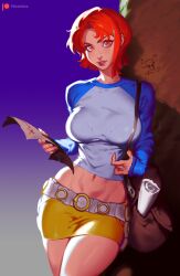 Rule 34 | 1girl, absurdres, bag, belt, blue shirt, bralines, breasts, brown bag, commentary, cowboy shot, cropped shirt, gradient background, highres, holding, holding map, jolly roger, large breasts, lips, long sleeves, looking at viewer, map, midriff, miniskirt, nami (one piece), navel, one piece, orange eyes, orange hair, parted lips, shirt, short hair, shoulder bag, single sidelock, skirt, solo, thighs, two-tone shirt, white belt, white shirt, yellow skirt, zelus