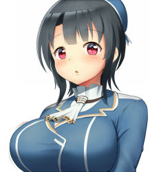 Rule 34 | 10s, 1girl, beret, black hair, blue jacket, breasts, chestnut mouth, hat, jacket, kantai collection, large breasts, maku ro, military, military uniform, red eyes, short hair, solo, takao (kancolle), uniform, upper body, white background