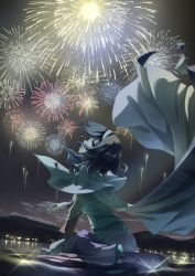 Rule 34 | 1girl, absurdres, cape, crying, crying with eyes open, fireworks, floating cape, highres, looking up, mountainous horizon, multicolored clothes, night, night sky, on floor, open mouth, otomeza ryuseigun, short hair, sitting, sky, solo, tagme, tears, tenkyuu chimata, touhou