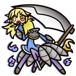 Rule 34 | 1girl, concave, dullahan, fang, heterochromia, holding head, long hair, monster girl, pointy ears, red eyes, scythe, severed head, simple background, solo, weapon, white background, yellow eyes