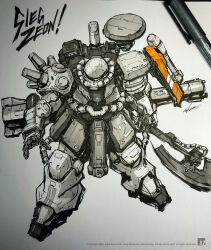 Rule 34 | commentary, concept art, english commentary, english text, gundam, heat hawk, highres, ink (medium), john azure kim, looking at viewer, machinery, mecha, mobile suit, mobile suit gundam, no humans, one-eyed, original, pen, photo (medium), redesign, robot, science fiction, signature, sketch, traditional media, zaku ii, zeon