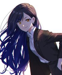 Rule 34 | 1girl, black jacket, blue hair, closed mouth, collared shirt, commentary, cowboy shot, dark blue hair, dress shirt, earrings, formal, glint, gradient hair, hair behind ear, hand in pocket, hk (wgyz7222), jacket, jewelry, leaning forward, long hair, long sleeves, looking at viewer, multicolored hair, no hair ornament, no hairclip, open clothes, open jacket, orange eyes, pant suit, pants, project sekai, shiraishi an, shirt, shirt tucked in, simple background, smile, solo, suit, suit jacket, white background, white shirt