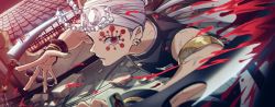 Rule 34 | 1boy, absurdres, armlet, blood, bridal gauntlets, earrings, facial mark, forehead protector, gem, grey hair, highres, holding, holding sword, holding weapon, jewelry, kimetsu no yaiba, looking at viewer, male focus, muscular, nail polish, night, red eyes, ring, rooftop, rubble, saamon (dream81come), solo, sword, uzui tengen, weapon