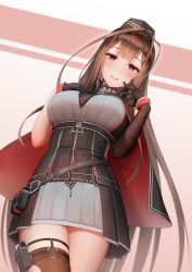 Rule 34 | 1girl, ahoge, arm up, belt, blunt bangs, blush, braid, breasts, brown gloves, brown hair, brown thighhighs, cape, corset, cowboy shot, cross, dsr-50 (girls&#039; frontline), elbow gloves, garrison cap, girls&#039; frontline, gloves, hair ornament, hairclip, half gloves, hand on own chest, hand up, hat, high collar, index finger raised, large breasts, long hair, looking at viewer, miniskirt, necktie, parted lips, pleated skirt, pouch, red eyes, shirt, shoron, sidelocks, single elbow glove, single thighhigh, skindentation, skirt, sleeveless, sleeveless shirt, smile, solo, thigh pouch, thigh strap, thighhighs