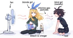 Rule 34 | 2girls, absurdres, barefoot, black hair, black pants, black shirt, bleach (chemical), blind girl (popopoka), blonde girl (popopoka), blonde hair, blue eyes, blue hairband, bottle, closed mouth, from side, girlsmell particles (meme), hairband, half-closed eyes, highres, holding, holding bottle, long hair, looking at another, meme, multiple girls, original, pale skin, pants, plaid, plaid skirt, pleated skirt, popopoka, pouring, shirt, short hair, short sleeves, sitting, skirt, smile, smug, striped clothes, striped sweater, sweater, white background