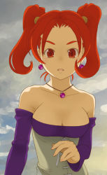 Rule 34 | 1girl, bare shoulders, breasts, cleavage, corset, dragon quest, dragon quest viii, dress, earrings, jessica albert, jewelry, large breasts, necklace, purple shirt, red eyes, red hair, shirt, short twintails, solo, square enix, strapless, strapless dress, twintails