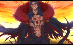 Rule 34 | 1boy, abs, black gloves, black pants, blue hair, bodypaint, cape, claws, closed mouth, cloud, cu chulainn (fate), cu chulainn (fate) (all), cu chulainn (fate/stay night), cu chulainn alter (fate), cu chulainn alter (fate/grand order), cu chulainn alter (third ascension) (fate), dark blue hair, dark persona, detached hood, earrings, elbow gloves, facepaint, fate/grand order, fate (series), fur-trimmed cape, fur trim, gae bolg (fate), gloves, grin, holding, holding polearm, holding weapon, hood, hood up, ibushi, jewelry, lancer, long hair, looking at viewer, male focus, muscular, navel, nipples, pants, pectorals, polearm, ponytail, red eyes, sharp teeth, skin tight, sky, smile, solo, spikes, sunset, tail, teeth, topless male, type-moon, weapon