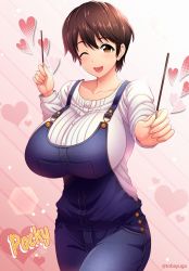 Rule 34 | 1girl, ;d, breasts, brown eyes, brown hair, collarbone, cowboy shot, food, heart, highres, holding, huge breasts, idolmaster, idolmaster cinderella girls, looking at viewer, oikawa shizuku, one eye closed, open mouth, overalls, pocky, pocky day, short hair, smile, solo, sweater, twitter username, umasan