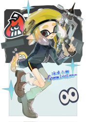 Rule 34 | 1girl, :d, beret, bike shorts, black neckerchief, black shirt, black shorts, blonde hair, blush, border, brown footwear, colored tongue, commentary request, commission, corrupted twitter file, fang, flying sweatdrops, gradient hair, green eyes, grey background, gun, hand up, hat, highres, holding, holding gun, holding weapon, inkling, inkling girl, inkling player character, long sleeves, looking at viewer, multicolored hair, neckerchief, nintendo, open mouth, outline, outside border, p-pepper, purple hair, safety pin, shirt, shoes, short hair, short shorts, shorts, sidelocks, simple background, smile, socks, solo, sparkle, splash-o-matic (splatoon), splatoon (series), star (symbol), tentacle hair, thick eyebrows, weapon, white border, white outline, white socks, yellow hat, yellow tongue