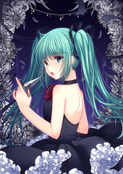 Rule 34 | 1girl, aqua eyes, aqua hair, backless dress, backless outfit, bad id, bad pixiv id, bare back, bare shoulders, blush, choker, dress, flower, hatsune miku, holding, holding knife, knife, long hair, looking at viewer, looking back, open mouth, petals, philomelalilium, ribbon choker, solo, tears, twintails, very long hair, vocaloid