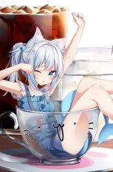 Rule 34 | 1girl, ;o, animal ear fluff, animal ears, arm up, bad id, bad twitter id, beliatan, blue dress, blue eyes, blue hair, blush, cat ears, cup, dress, feet out of frame, fins, fish tail, gawr gura, gawr gura (casual), highres, hololive, hololive english, in container, in cup, looking at viewer, multicolored hair, nail polish, official alternate costume, one eye closed, rubbing eyes, shark tail, side ponytail, solo, streaked hair, tail, triangle mouth, virtual youtuber, white hair