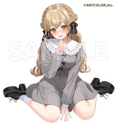 Rule 34 | between legs, black footwear, black ribbon, blush, boots, bow button, braid, braided bun, breasts, brown eyes, capelet, copyright notice, double bun, dress, embarrassed, empire waist, frilled capelet, frills, grey dress, hair bun, hair ribbon, hand between legs, hands on own chin, high heels, impossible clothes, impossible dress, light brown hair, long hair, long sleeves, medium breasts, medium dress, nekomaru neko ko, nijisanji, official alternate costume, official alternate hairstyle, official art, open mouth, platform boots, platform footwear, platform heels, ribbon, sample watermark, shoes, sicky (pit-bull), simple background, sister claire, sitting, virtual youtuber, wariza, watermark, white background, white capelet