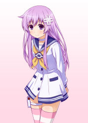 Rule 34 | 10s, 1girl, arms behind back, blush, d-pad, dress, female focus, hair ornament, long hair, looking at viewer, nepgear, neptune (series), purple eyes, purple hair, sailor dress, smile, solo, standing, striped clothes, striped thighhighs, thighhighs, udan