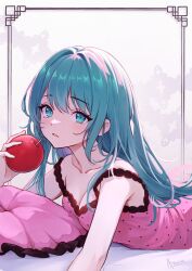 Rule 34 | 1girl, absurdres, apple, aqua eyes, aqua hair, blush, border, breasts, cleavage, collarbone, commentary, cushion, dumpling aria (artist), english commentary, eyelashes, food, foreshortening, framed, fruit, hair between eyes, hatsune miku, highres, holding, holding food, holding fruit, long hair, looking at viewer, lying, medium breasts, off shoulder, on stomach, ornate border, romeo to cinderella (vocaloid), shadow, simple background, solo, vocaloid