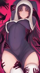 0nineo9 1girl absurdres arms_behind_head arms_up black_dress black_hair breasts dress facial_mark fate/extra fate/extra_ccc fate/grand_order fate_(series) forehead_mark ghost_hands habit highres large_breasts long_hair long_sleeves looking_at_viewer nun parted_bangs sessyoin_kiara side_slit smile thighhighs thighs very_long_hair white_thighhighs yellow_eyes