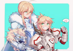 Rule 34 | 2girls, absurdres, ahoge, armor, artoria pendragon (all), artoria pendragon (fate), artoria pendragon (lancer) (fate), blonde hair, cloak, closed mouth, fate/apocrypha, fate/stay night, fate (series), fur collar, fur trim, gauntlets, green eyes, grin, hair between eyes, hand up, helmet, highres, holding, holding helmet, light smile, looking at another, mordred (fate), mordred (fate/apocrypha), mother and daughter, multiple girls, pauldrons, ponytail, saber (fate), shoulder armor, sidelocks, smile, sparkle, speech bubble, teeth, yorukun