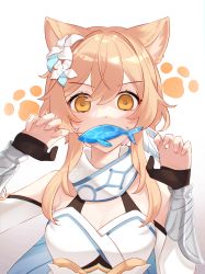 Rule 34 | 1girl, animal ears, blonde hair, cat ears, claw pose, commentary request, detached sleeves, flower, genshin impact, hair between eyes, hair flower, hair ornament, highres, kemonomimi mode, looking at viewer, lumine (genshin impact), mouth hold, paw print, short hair, short hair with long locks, sidelocks, simple background, solo, tana (tanabio), white background, yellow eyes