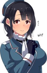 Rule 34 | 1girl, bad id, bad twitter id, black gloves, black hair, blue headwear, blush, breasts, chirashi (so), gloves, highres, kantai collection, large breasts, military, military uniform, red eyes, short hair, smile, takao (kancolle), unfinished, uniform, white background
