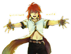 Rule 34 | 00s, 1boy, closed eyes, cowboy shot, gloves, luke fon fabre, male focus, midriff, outstretched arms, red hair, simple background, solo, spread arms, tales of (series), tales of the abyss, white background, whiteawing