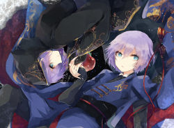 Rule 34 | 2boys, apple, blue eyes, bridal gauntlets, clone, collared shirt, dual persona, epel felmier, eyeshadow, food, fruit, hair between eyes, holding, holding food, holding fruit, hood, hood up, hooded robe, light particles, light purple hair, lying, male focus, multiple boys, on back, on side, parted lips, purple eyeshadow, red apple, robe, shiba ttw, shirt, short hair, sideways mouth, twisted wonderland
