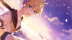 Rule 34 | 1boy, bass clef, black collar, blonde hair, cloud, collar, crescent moon, dutch angle, green eyes, headphones, holding another&#039;s arm, kagamine len, looking at viewer, male focus, moon, necktie, ocean, open mouth, outdoors, pov, pov hands, sailor collar, school uniform, shirt, short sleeves, sidelighting, sinaooo, sky, smile, spiked hair, star (sky), starry sky, symbol-only commentary, twilight, upper body, vocaloid, white shirt, yellow neckwear