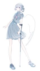 Rule 34 | 1girl, absurdres, asymmetrical footwear, blue eyes, braid, cane, closed mouth, full body, grey hair, hair rings, highres, holding, holding cane, looking at viewer, mismatched footwear, neckerchief, original, pleated skirt, sabaumako, sailor collar, sandals, school uniform, serafuku, shirt, shoes, short hair, short sleeves, simple background, skirt, solo, standing, toeless footwear, white background
