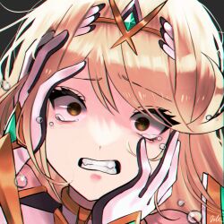 Rule 34 | 1girl, blonde hair, circlet, crying, crying with eyes open, gloves, hands on own cheeks, hands on own face, highres, kyosuke1413koba, long hair, looking at viewer, mythra (xenoblade), parted lips, signature, solo, swept bangs, tears, teeth, upper body, white gloves, wide-eyed, xenoblade chronicles (series), xenoblade chronicles 2, yellow eyes