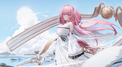 Rule 34 | 1girl, absurdres, azur lane, bare shoulders, breasts, cloud, cloudy sky, detached sleeves, dress, floating hair, frills, headdress, highres, jeze, large breasts, long hair, long sleeves, looking at viewer, ocean, perseus (azur lane), pink eyes, pink hair, polearm, sky, solo, spear, standing, twintails, weapon, white dress, wings