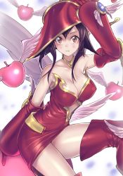 Rule 34 | 1girl, adjusting clothes, adjusting headwear, apple, apple magician girl, bare shoulders, black hair, blush, boots, breasts, brown eyes, choker, cleavage, collarbone, contrapposto, dress, duel monster, elbow gloves, food, fruit, gloves, hat, highres, knee boots, large breasts, looking at viewer, maruchi, red dress, red gloves, red thighhighs, short hair, sidelocks, smile, solo, standing, thighhighs, wings, wizard hat, yu-gi-oh!