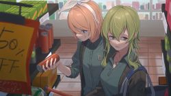 Rule 34 | 2girls, bag, blonde hair, blue eyes, blue shirt, bow, can, canned food, green eyes, green hair, gumi, hair bow, highres, holding, holding can, indoors, kagamine rin, multiple girls, shelf, shirt, shop, shopping, shopping cart, shoulder bag, sideways glance, sign, tile floor, tiles, upper body, vocaloid, white bow, wounds404