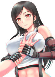 Rule 34 | 1girl, absurdres, blush, grabbing another&#039;s breast, breasts, brown hair, final fantasy, final fantasy vii, final fantasy vii remake, grabbing, guided breast grab, guiding hand, highres, large breasts, midriff, navel, red eyes, shirota kuronosuke, smile, solo, suspenders, tank top, tifa lockhart