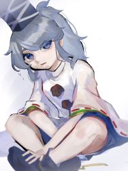 Rule 34 | 1girl, bare legs, blue eyes, crossed ankles, eyebrows hidden by hair, grey hair, hand on own foot, hat, highres, japanese clothes, kariginu, looking at viewer, mononobe no futo, oishiinori 1248, pom pom (clothes), ponytail, ribbon-trimmed sleeves, ribbon trim, simple background, sitting, solo, tate eboshi, touhou, white background