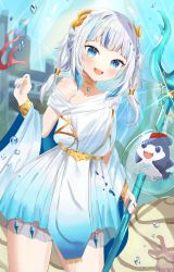 Rule 34 | 1girl, absurdres, air bubble, alternate costume, blue eyes, blue hair, bubble, coral, cowboy shot, dress, gawr gura, gawr gura (party dress), gem, greco-roman clothes, grey hair, highres, holding trident, hololive, hololive english, laurel crown, medium hair, multicolored hair, off-shoulder dress, off shoulder, roman clothes, sharp teeth, short sleeves, streaked hair, teeth, thighs, toga, two side up, underwater, virtual youtuber, wellski, white dress, white hair