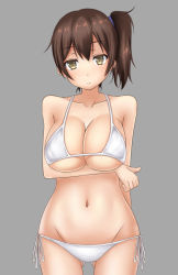 Rule 34 | 10s, 1girl, bad id, bad pixiv id, bikini, breasts, brown hair, collarbone, female focus, kaga (kancolle), kantai collection, large breasts, navel, side ponytail, solo, standing, stomach, swimsuit, terakoya, yellow eyes