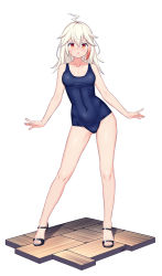 Rule 34 | 1girl, absurdres, ahoge, arms at sides, bare legs, black footwear, blue one-piece swimsuit, blush, breasts, chinese commentary, collarbone, commentary request, covered navel, floor, gluteal fold, hair between eyes, high heels, highres, lightning ahoge, long hair, looking at viewer, medium breasts, multicolored hair, navel, one-piece swimsuit, open mouth, orange eyes, original, red hair, sandals, scar, scar on face, school swimsuit, sidelocks, signature, silver hair, simple background, slit pupils, solo, standing, streaked hair, swimsuit, toes, white background, xiaoxi0619