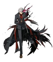 Rule 34 | antonio salieri (fate), antonio salieri (second ascension) (fate), antonio salieri (third ascension) (fate), ascot, black gloves, bowing, fate/grand order, fate (series), formal, gloves, grey hair, male focus, manly, pinstripe pattern, pinstripe suit, simple background, solo, starshadowmagician, striped, suit, white background