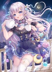 Rule 34 | 1girl, black shirt, black sleeves, blue bow, blue skirt, bow, breasts, cleavage, commentary request, crescent, crescent moon, cup, detached sleeves, food, frilled skirt, frills, hair bow, hair ornament, high-waist skirt, highres, holding, holding cup, holding teapot, kohinata hoshimi, macaron, medium breasts, moon, night, night sky, original, outdoors, puffy short sleeves, puffy sleeves, purple bow, shirt, short sleeves, skirt, sky, sleeveless, sleeveless shirt, solo, star (sky), star (symbol), star hair ornament, starry sky, teacup, teapot, thighhighs, white thighhighs