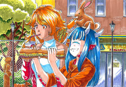 Rule 34 | 1other, 2girls, animal, animal on head, bendy straw, blue hair, blush, brown robe, cacodemon, carrot, chain-link fence, cloak, closed eyes, cup, dark-skinned female, dark skin, disposable cup, dog, pet walking, doom (series), drinking straw, eating, fence, food, food on face, holding, holding food, hood, hood down, hooded cloak, hoodie, horns, imp (doom), lamppost, long hair, looking away, monster girl, multiple girls, on head, one-eyed, orange eyes, orange hair, orange hoodie, orange shirt, outdoors, personification, pointy ears, rabbit, robe, sandwich, scales, shirt, shoulder spikes, sleeveless, sleeveless turtleneck, smile, spikes, storefront, submarine sandwich, substance20, tree, turtleneck, twitter username, upper body, white shirt, window