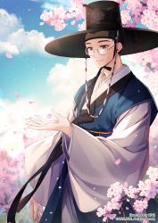 Rule 34 | 1boy, artist name, black hair, black headwear, blue eyes, cherry blossoms, copyright notice, day, falling petals, gat (korean traditional hat), glasses, hair pulled back, hanbok, hand up, hat, headband, highres, kiwi (pixiv6429539), korean clothes, lens flare, light smile, looking away, male focus, original, outdoors, petals, robe, round eyewear, short hair, solo, standing, sunlight, topknot, tree, wide sleeves