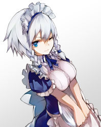 Rule 34 | 1girl, apron, blue dress, blue eyes, braid, breasts, commentary request, dress, highres, izayoi sakuya, large breasts, looking at viewer, maid, maid headdress, nuqura, one eye closed, puffy short sleeves, puffy sleeves, revision, short hair, short sleeves, silver hair, solo, touhou, twin braids, underbust, waist apron