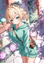 Rule 34 | 1girl, absurdres, alternate costume, bag, bare legs, between breasts, blonde hair, blue eyes, blush, breasts, brown bag, day, falling petals, green sweater, hair ornament, hand up, highres, hololive, hood, hood down, hooded sweater, kag tsukimi, kazama iroha, leaf hair ornament, long hair, looking at viewer, medium breasts, outdoors, petals, ponytail, puckered lips, shoulder bag, solo, strap between breasts, sweater, virtual youtuber