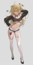 Rule 34 | 1girl, absurdres, ahoge, alternate costume, arm up, bare shoulders, black choker, black footwear, black nails, black panties, black shirt, blonde hair, blue shorts, bow, breasts, casual, choker, collarbone, commentary request, crop top, denim, denim shorts, eyebrows hidden by hair, fischl (genshin impact), full body, genshin impact, gluteal fold, green eyes, grey background, grin, hair bow, hair over one eye, hand on own face, hand on own hip, head wings, heart, highleg, highleg panties, highres, legs, long hair, long sleeves, looking at viewer, medium breasts, micro shorts, nail polish, navel, off-shoulder shirt, off shoulder, one eye covered, open fly, panties, panty straps, pendant choker, shirt, shorts, sidelocks, simple background, smile, solo, standing, stomach, string panties, tachi-e, teeth, thighhighs, thighs, two side up, underboob, underwear, white thighhighs, wings, zutsuyaku