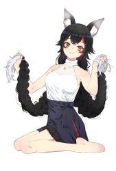 Rule 34 | 1girl, alternate hairstyle, animal ear fluff, animal ears, armpits, bare legs, bare shoulders, barefoot, black hair, blue skirt, braid, breasts, closed mouth, feet, from side, halter shirt, halterneck, highres, hololive, jewelry, looking at viewer, low twin braids, medium breasts, multicolored hair, necklace, ookami mio, ookami mio (street), red hair, shirt, simple background, sitting, skirt, smile, solo, streaked hair, tail, tlie ilt, twin braids, virtual youtuber, wariza, white background, white hair, white shirt, wolf ears, wolf girl, wolf tail, yellow eyes