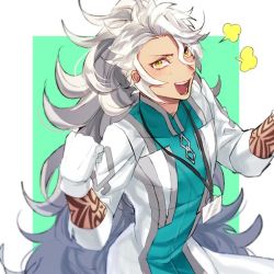 Rule 34 | 1boy, alternate hairstyle, clenched hand, cosplay, dark-skinned male, dark skin, fate/grand order, fate (series), gloves, green background, hosiume-sukonnbu, lab coat, lanyard, looking at viewer, male focus, outside border, ponytail, rectangle, romani akiman (cosplay), romani archaman, simple background, smile, solo, solomon (fate), spoilers, tattoo, upper body, white gloves, white hair